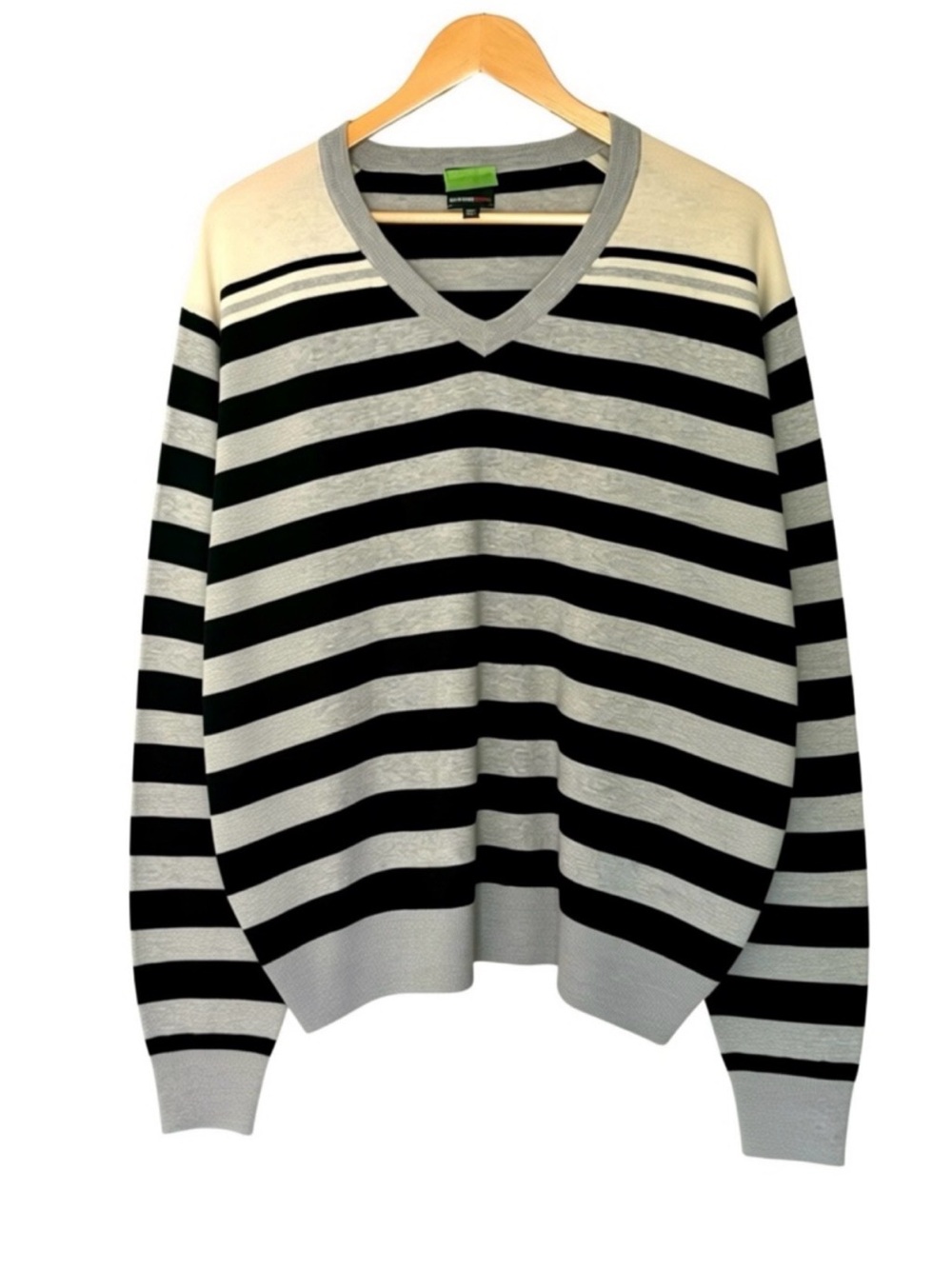 MURANO Sport Men's V-Neck Striped Sweater - Black & Gray Xl Wool Blend